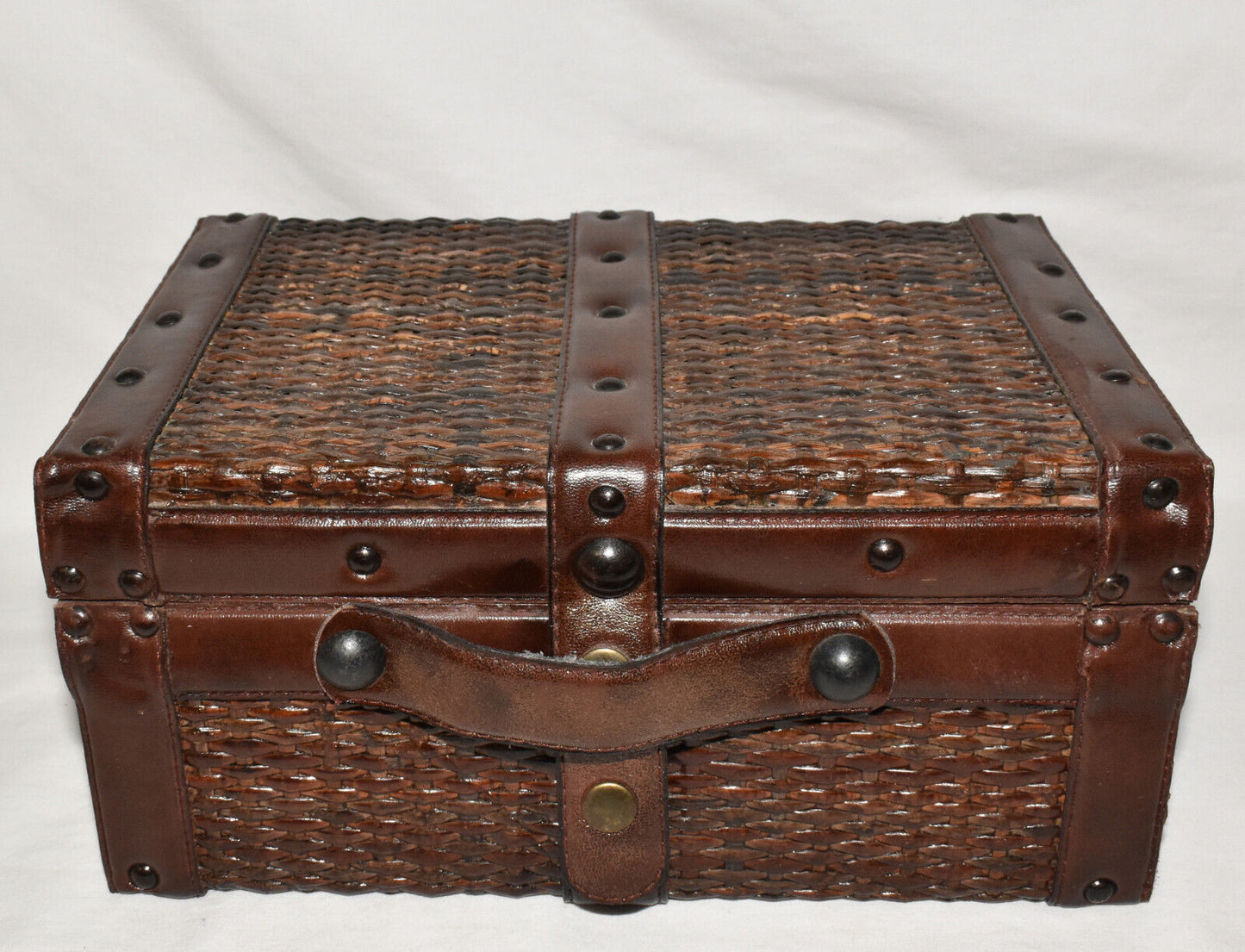 Vintage Leather Wicker Storage Trunk Brown 12" x 8" Storage Case w Snap Closure