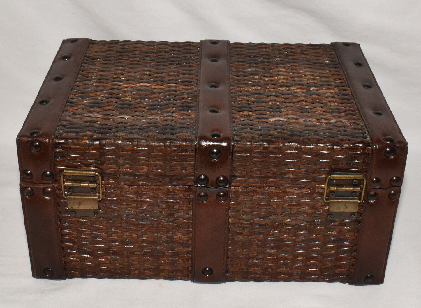 Vintage Leather Wicker Storage Trunk Brown 12" x 8" Storage Case w Snap Closure