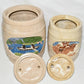 Vintage Hershey Molds Ceramic Canisters Hand Painted Barrel Canisters with Lids