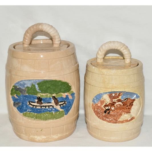 Vintage Hershey Molds Ceramic Canisters Hand Painted Barrel Canisters with Lids