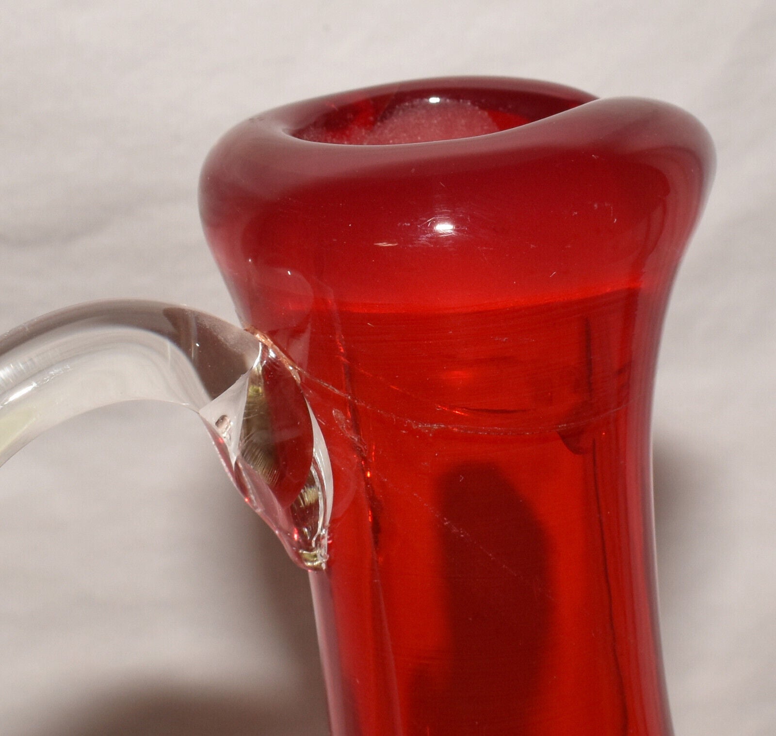 Vintage 12 Red Art Glass Pitcher Hand Blown Cased Glass Pitcher Red Clear  Glass