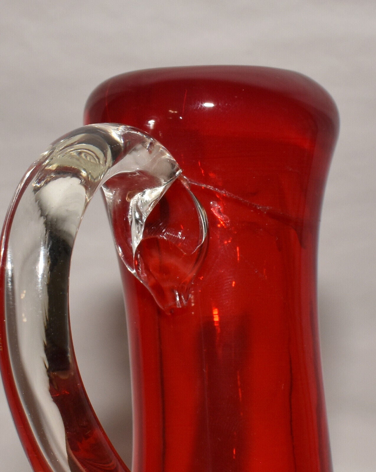 Vintage 12 Red Art Glass Pitcher Hand Blown Cased Glass Pitcher Red Clear  Glass