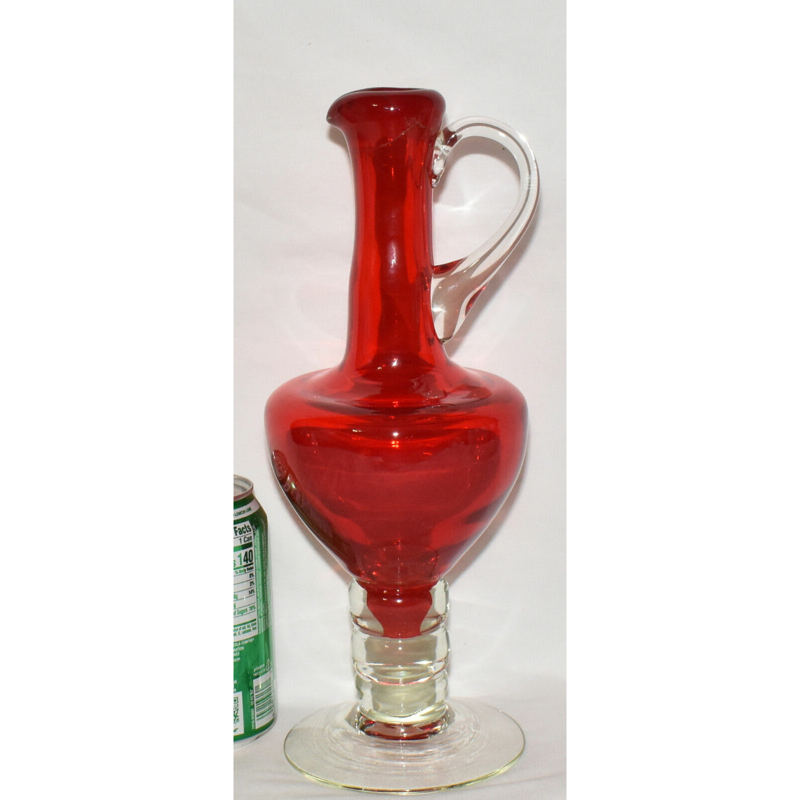 Vintage 12 Red Art Glass Pitcher Hand Blown Cased Glass Pitcher Red Clear  Glass