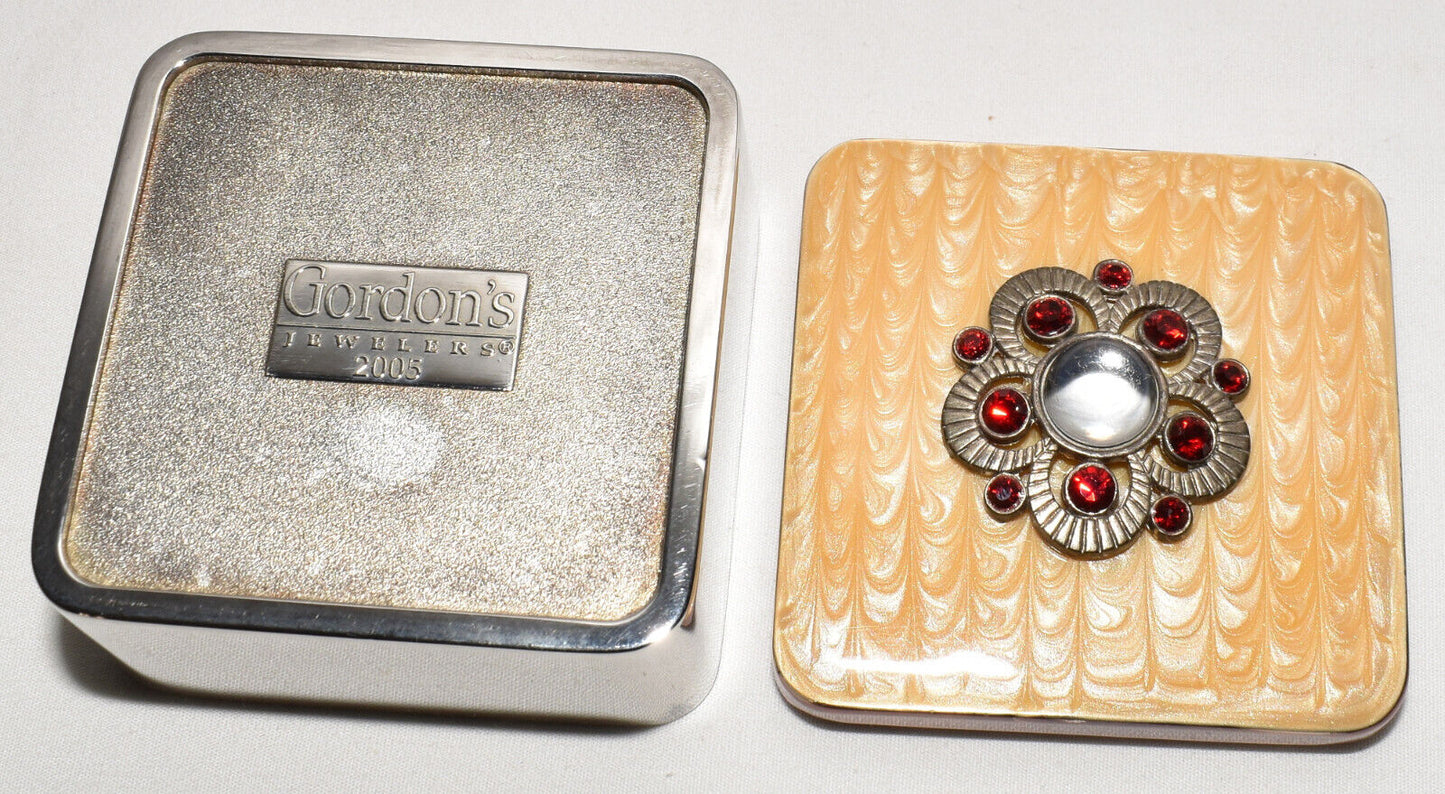 Gordon's Jewelers MOP Jeweled Case Trinket Box Silver w Yellow Lid Red Stones