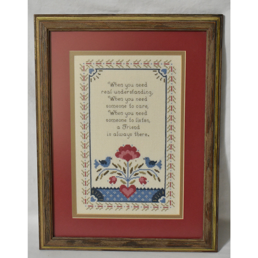 Vintage Framed Needlepoint Friend Poem w Birds Floral Accent Pink Blue Green 15"