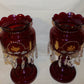 Pair Antique Cranberry Glass Lusters Large 14" Lusters w Double Row Prisms