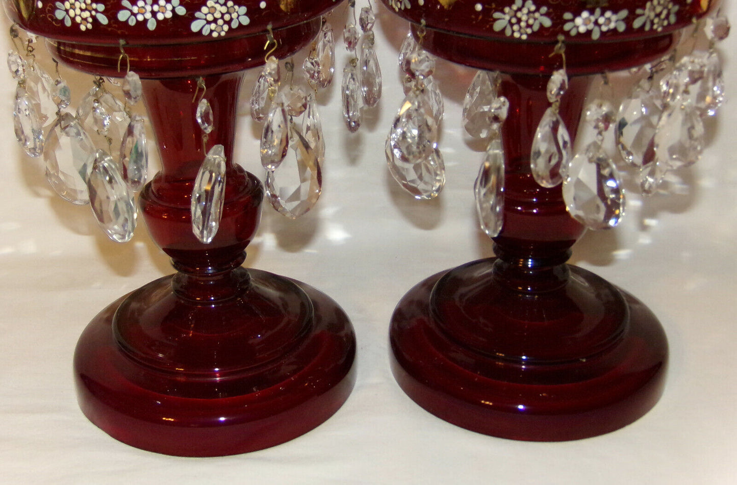 Pair Antique Cranberry Glass Lusters Large 14" Lusters w Double Row Prisms
