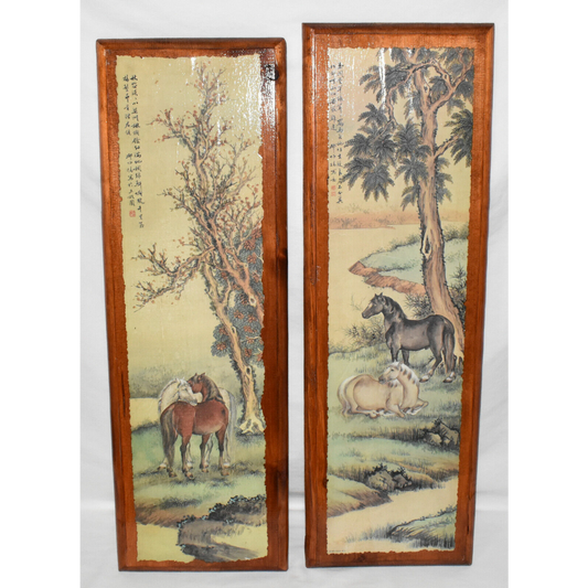 Pair Vintage c1972 Asian Horse Lithographs on Solid Wood Plaques Wall Art 24" Tall