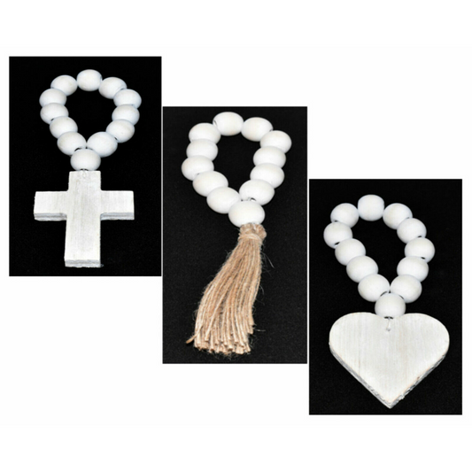 Rustic Whitewashed Wooden Blessing Beads Handcrafted Beaded Cross Heart Tassel
