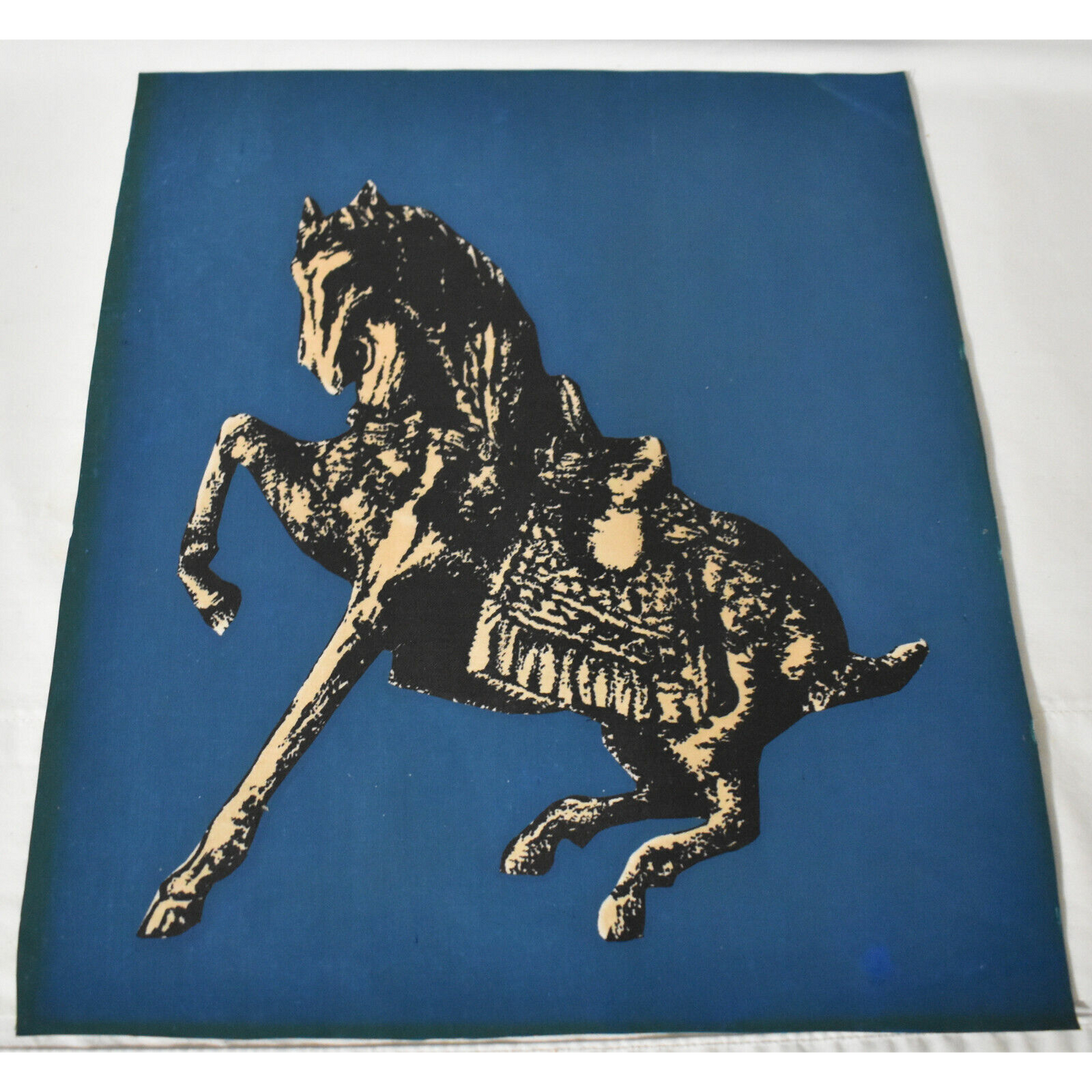 Vintage Asian War Horse Screen Print on Rice Paper or Linen 15 x 13" Wall Decor