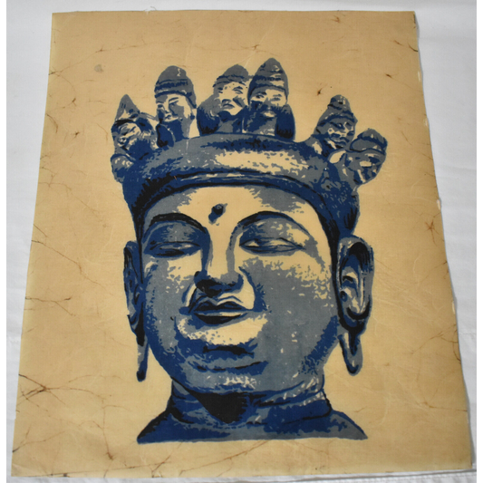 Vintage Buddha Screen Print on Rice Paper or Linen Religious Buddha w Crown