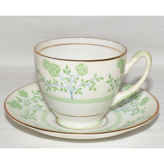 Vintage Royal Stafford Bone China Repos Teacup Saucer Green White Flowers England