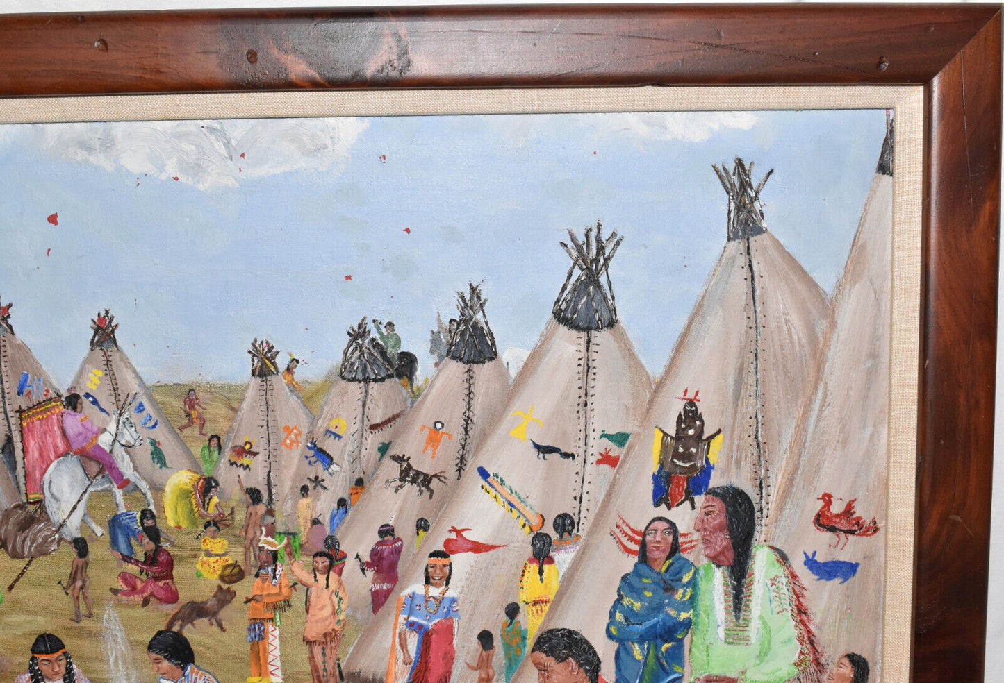 Large Vintage Teepee Village Oil on Board Framed Textured Painting 31" x 21"