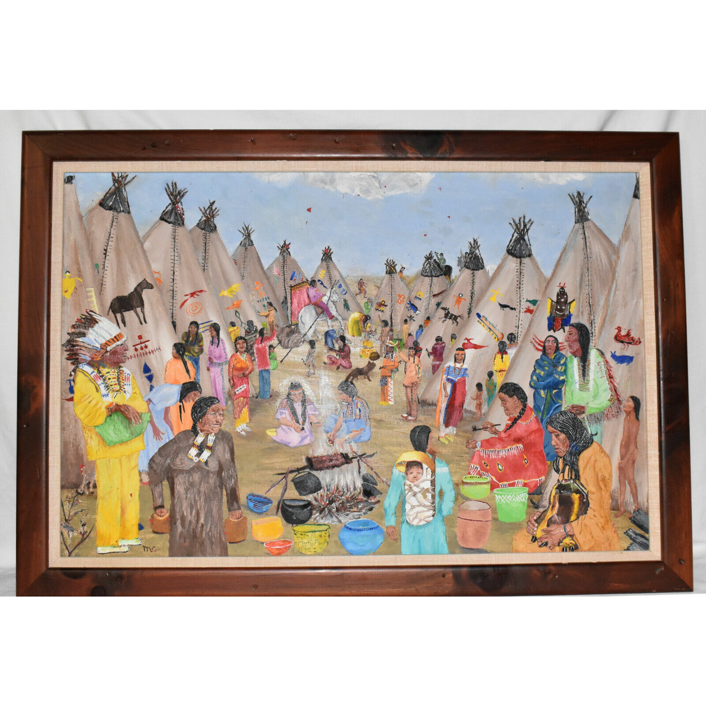 Large Vintage Teepee Village Oil on Board Framed Textured Painting 31" x 21"