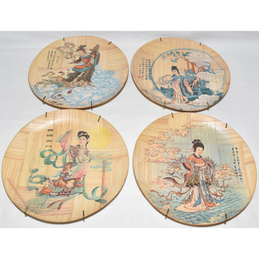 Vintage Chinese Bamboo Plates w Metal Wall Hangers Legends Written on Backside