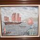 Vintage Original Framed Oil on Board Asian Sail Boat Painting Signed 26" x 24"