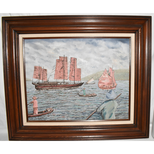 Vintage Original Framed Oil on Board Asian Sail Boat Painting Signed 26" x 24"