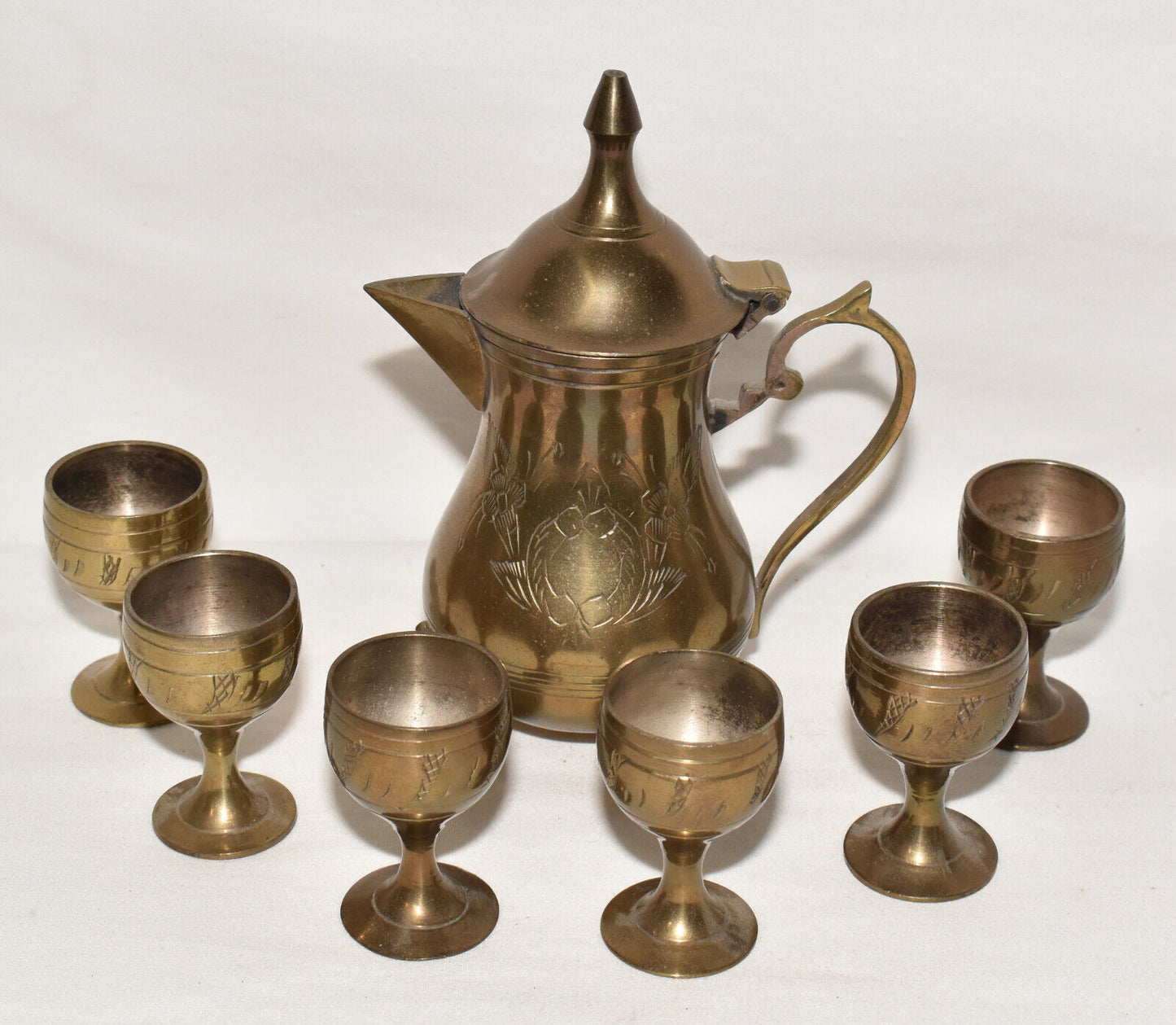 7pc Vintage EPNS Arabic Dallah Coffee Set Miniature Brass Pot Goblets Middle Eastern