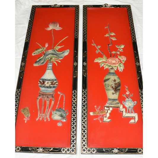 Pr Vintage Japanese Hand Crafted Panels w Raised Dragons & Vases Faux MOP 36x12"