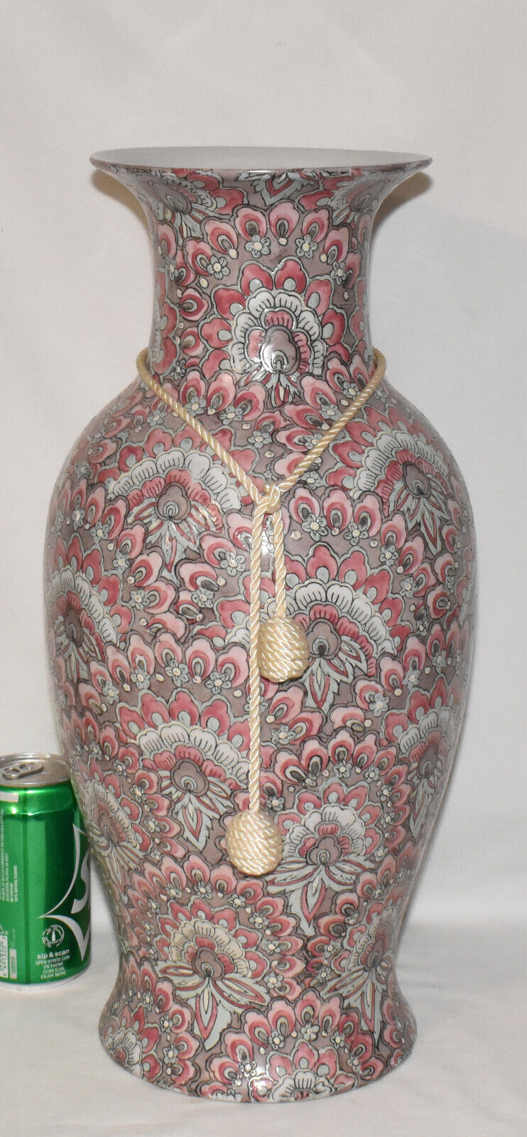 Vintage 20th Century Chinese Vase w Tassel 18" Hand Painted Pink Enamel Moriage Vase