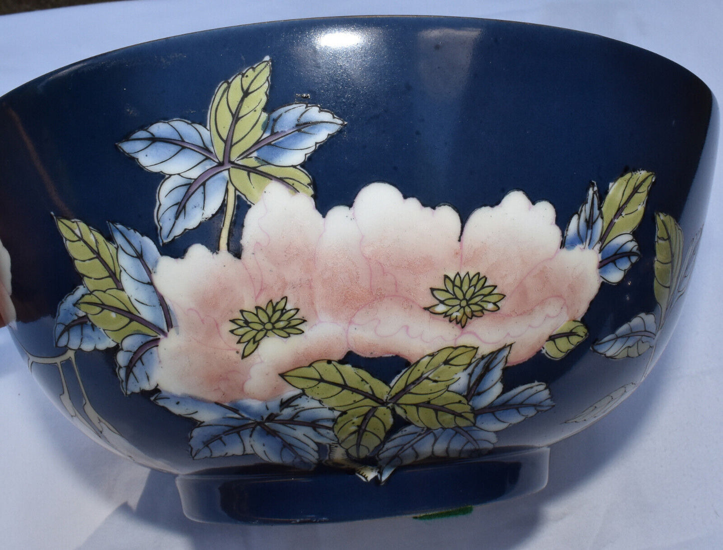 Mid/Late 20th Century Chinese 10" Blue Porcelain Bowl Hand Painted Flowers Birds