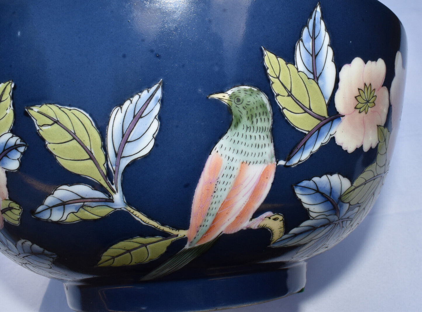 Mid/Late 20th Century Chinese 10" Blue Porcelain Bowl Hand Painted Flowers Birds