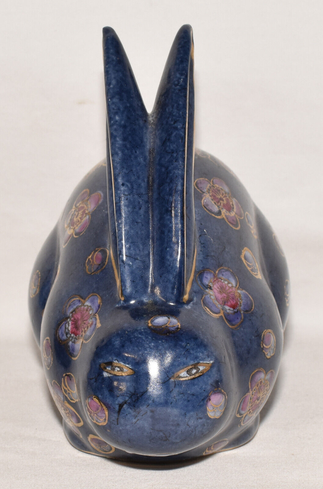 Vintage Chinese Rabbit Figurine Hand Painted Enameled Bunny Deep Cobalt Blue