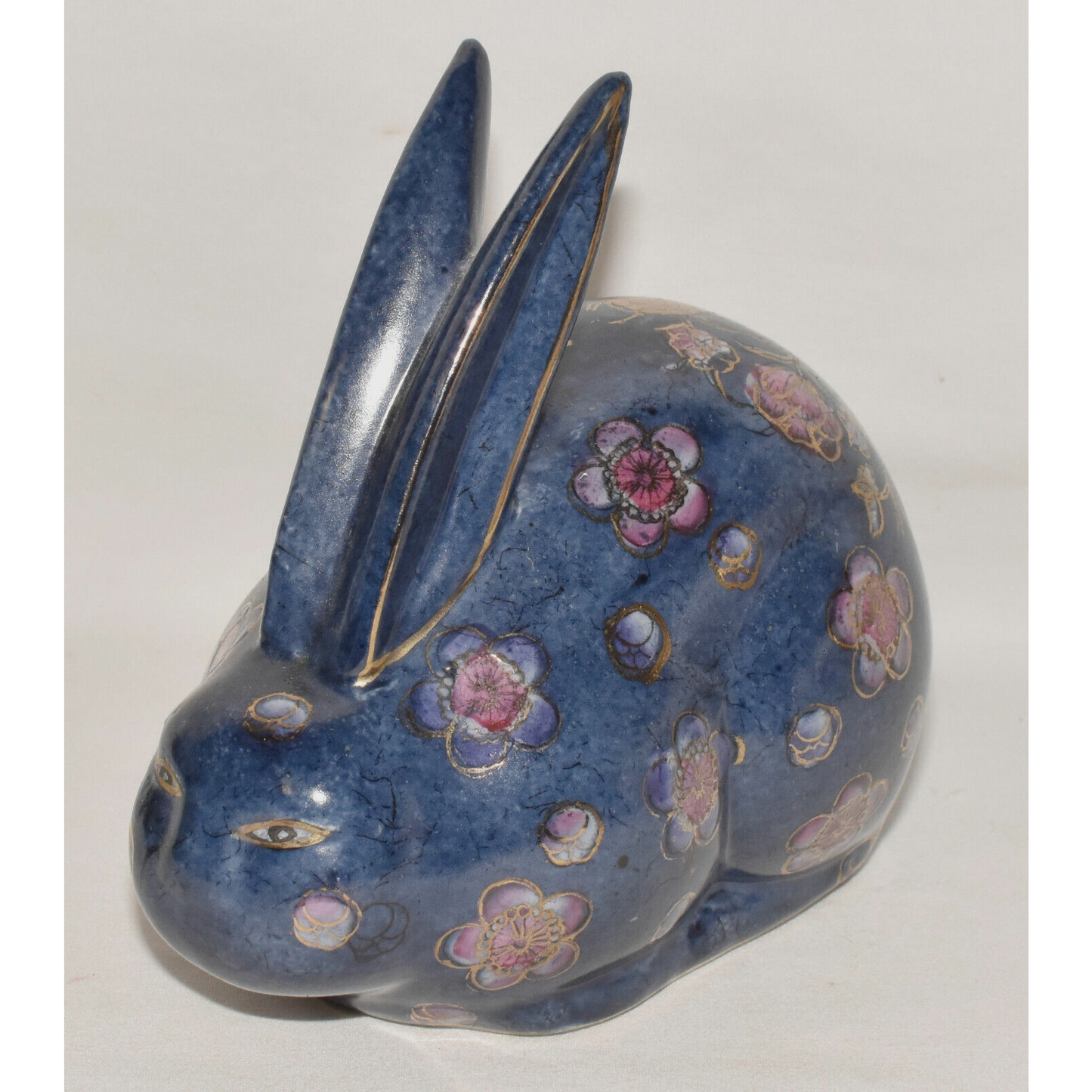 Vintage Chinese Rabbit Figurine Hand Painted Enameled Bunny Deep Cobalt Blue
