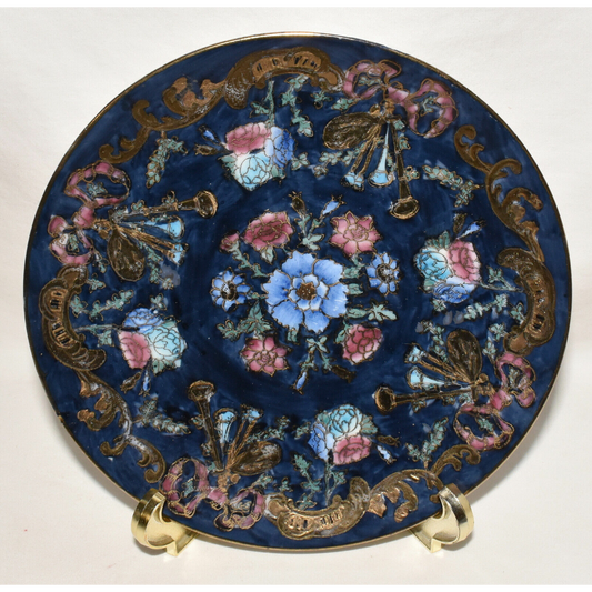 Vintage Chinese Hand Painted Enameled Plate 8" Cobalt Blue Plate w Floral Design