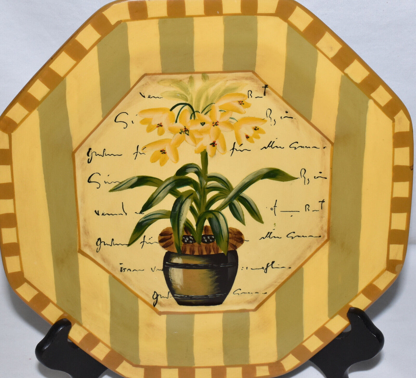 Vintage Tuscan Style Art Pottery Plate 9.5" Mustard & Green Stripe Floral Plate