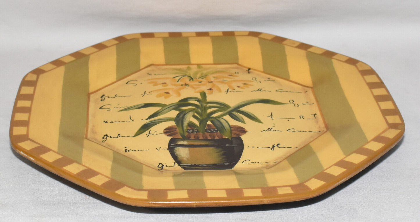 Vintage Tuscan Style Art Pottery Plate 9.5" Mustard & Green Stripe Floral Plate