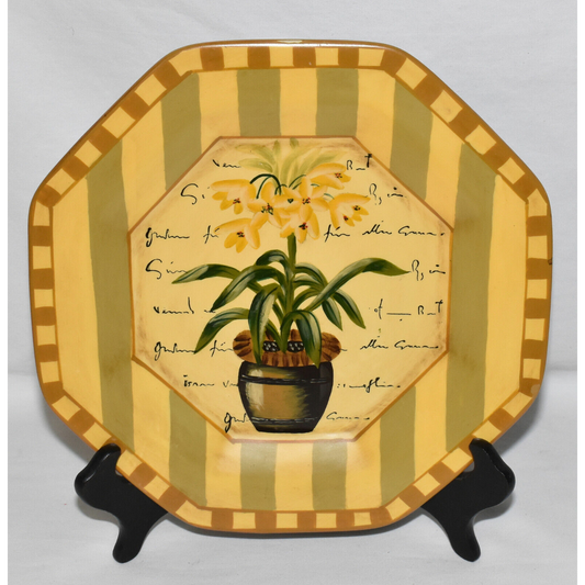 Vintage Tuscan Style Art Pottery Plate 9.5" Mustard & Green Stripe Floral Plate