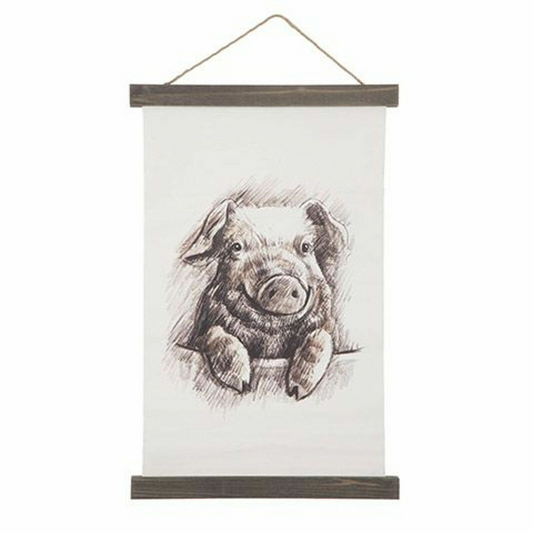 Farmhouse Pig Wall Hanging Canvas Wood Wall Scroll Blk Taupe Country Home Decor