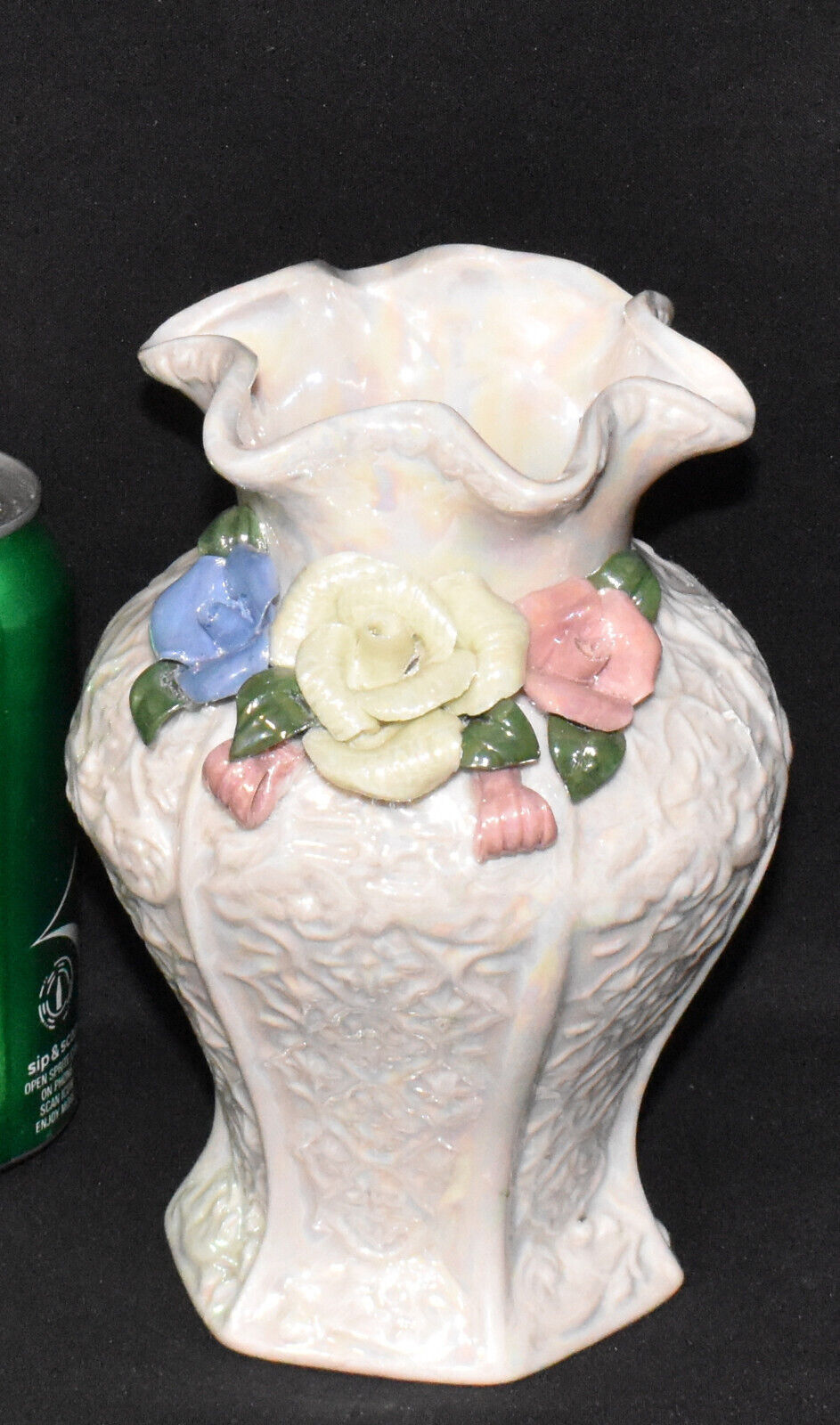 Vintage Pearl Opalescent Vase w Applied Flowers Crimped Lip 6.5" Flower Vase