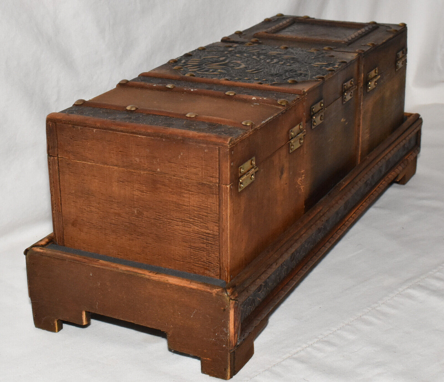 Vintage Asian Wooden Boxes on Stand 3pc Set Decorative Hinged Boxes Brass Accent