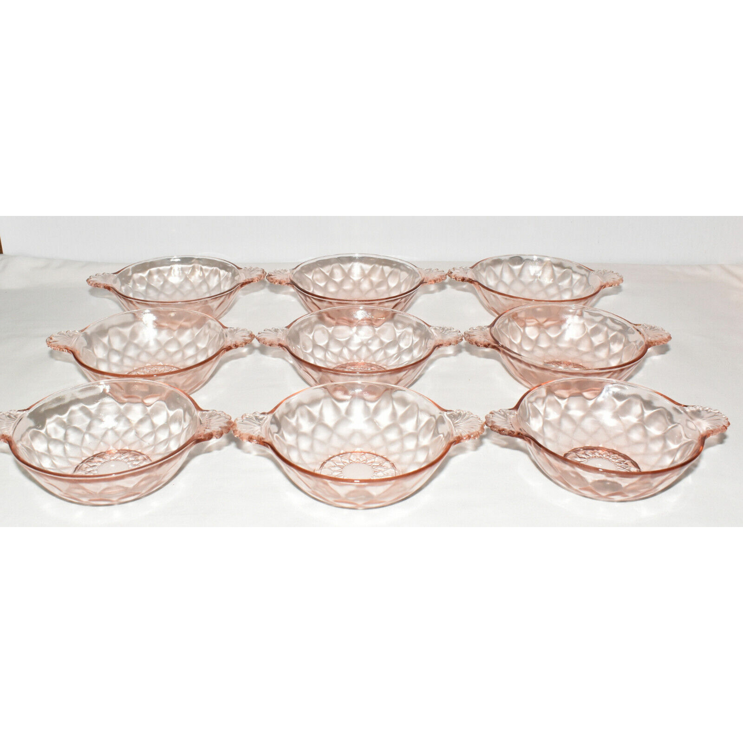 Anchor Hocking Early 20th Century Glass Pink Diamond Optic Double Handle Bowls