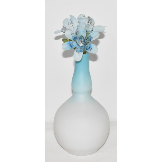 Vintage Blue White Cased Glass Bud Vase w Free Flower Stem 7.5" Bud Vase Signed