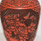 Vintage Chinese 12" Cinnabar Vase Carved Lacquer over Brass Bird Floral Motif