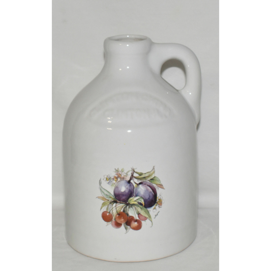 Vintage Pottery Jug White Clinton China Hand Turned Jug w Fruit Design Made USA