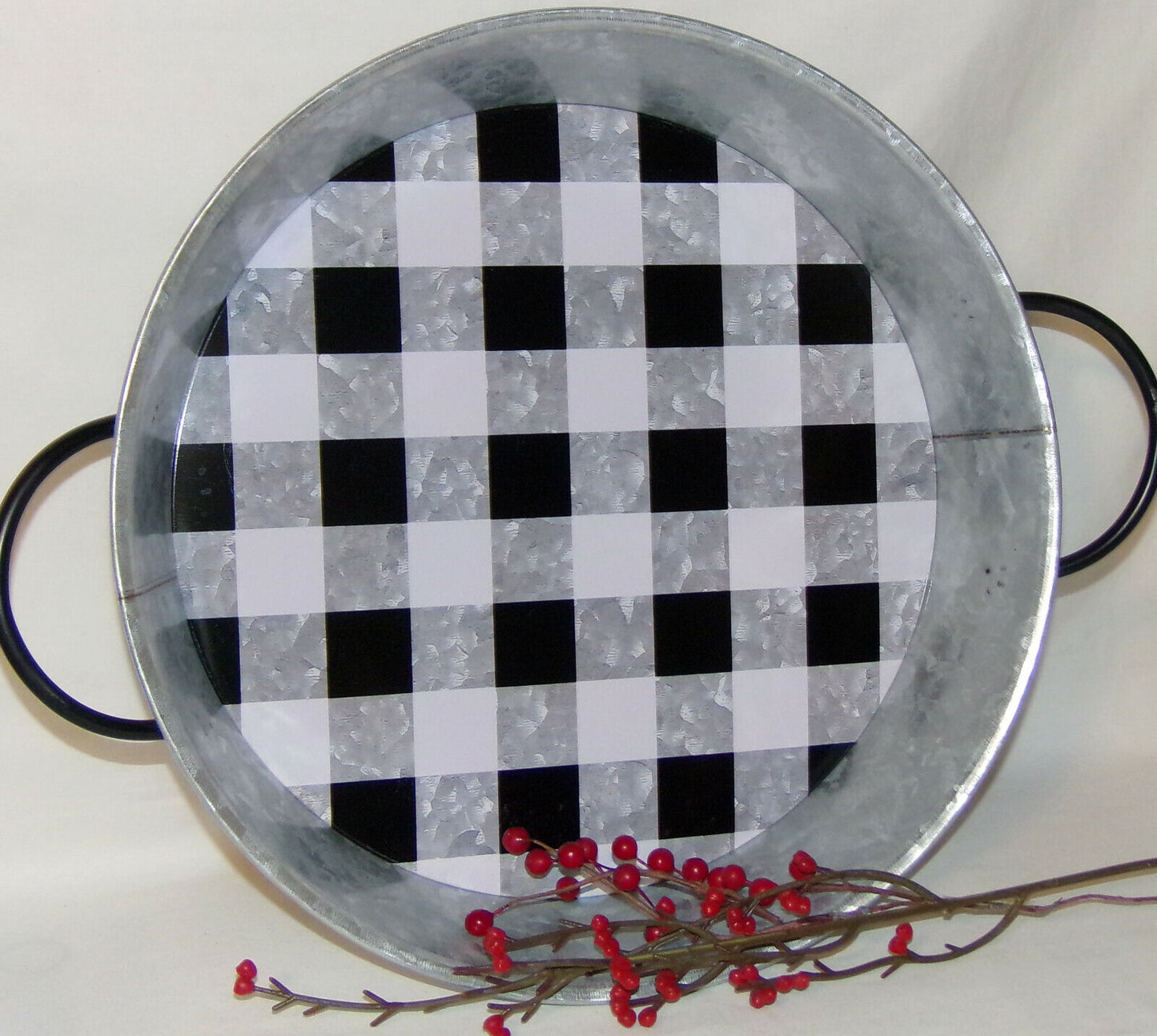 Serving Tray Black White Buffalo Check Galvanized Metal Double Handle Tray New